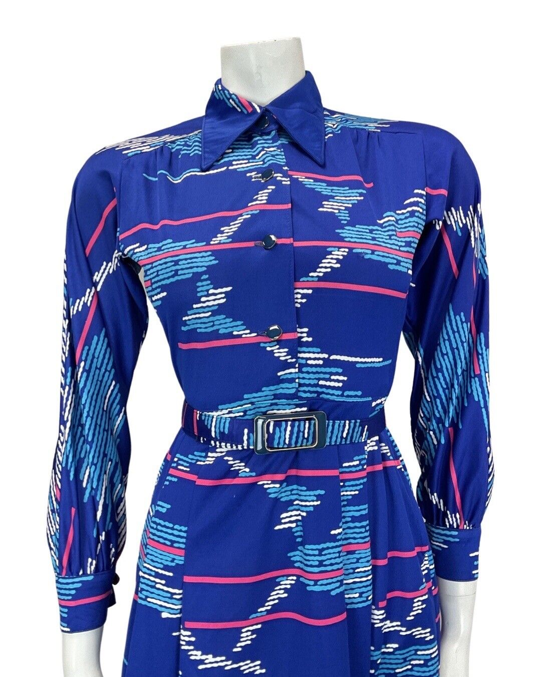 VINTAGE 60s 90s ROYAL BLUE PINK STRIPED GEOMETRIC MOD DAGGER SHIRT DRESS 8