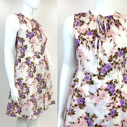 VINTAGE 60s 70s WHITE PURPLE PINK BROWN FLORAL FLOATY SLEEVELESS DRESS 16 18