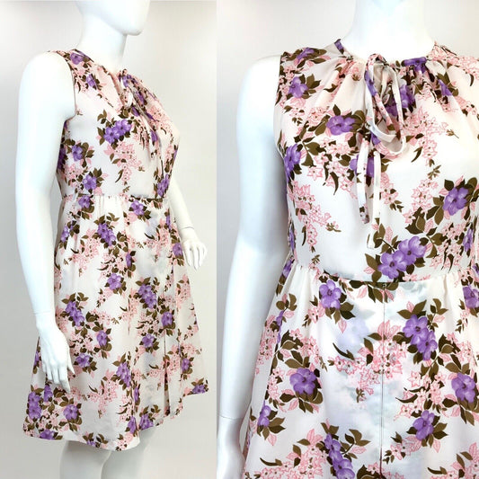 VINTAGE 60s 70s WHITE PURPLE PINK BROWN FLORAL FLOATY SLEEVELESS DRESS 16 18