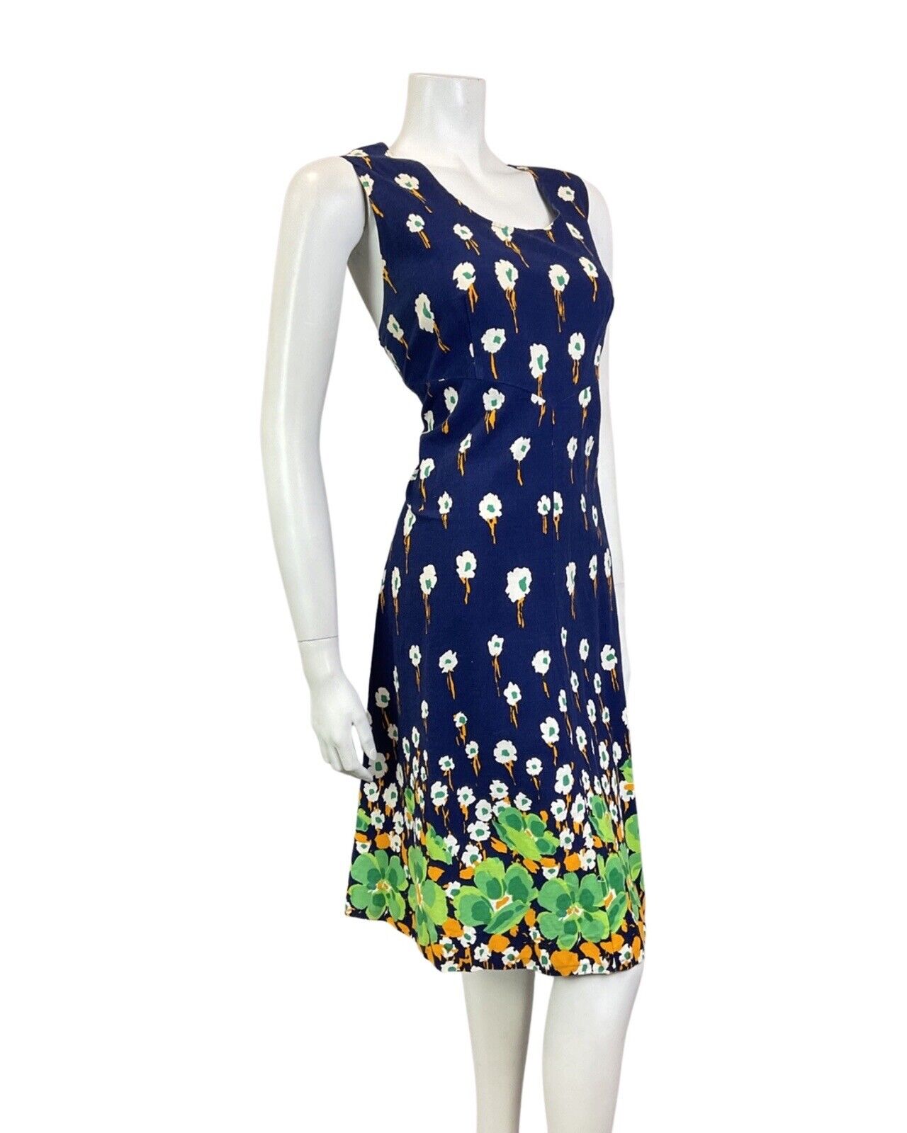 VINTAGE 60s 70s BLUE WHITE GREEN FLORAL ABSTRACT SLEEVELESS SUMMER DRESS 16 18