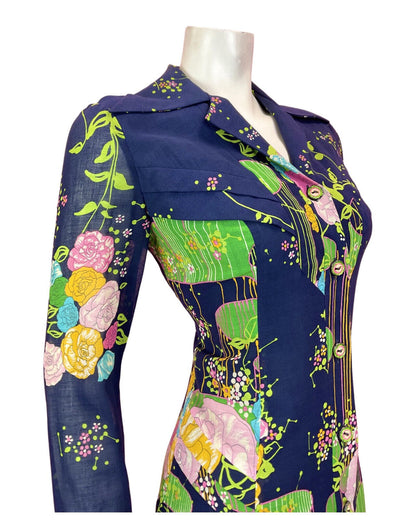 VTG 60s 70s BLUE PINK GREEN FLORAL GARDEN ROSE SHEER DAGGER SHIRT DRESS 10 12