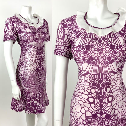 VINTAGE 60s 70s PURPLE WHITE RUFFLED GEOMETRIC PSYCHEDELIC DRESS 10