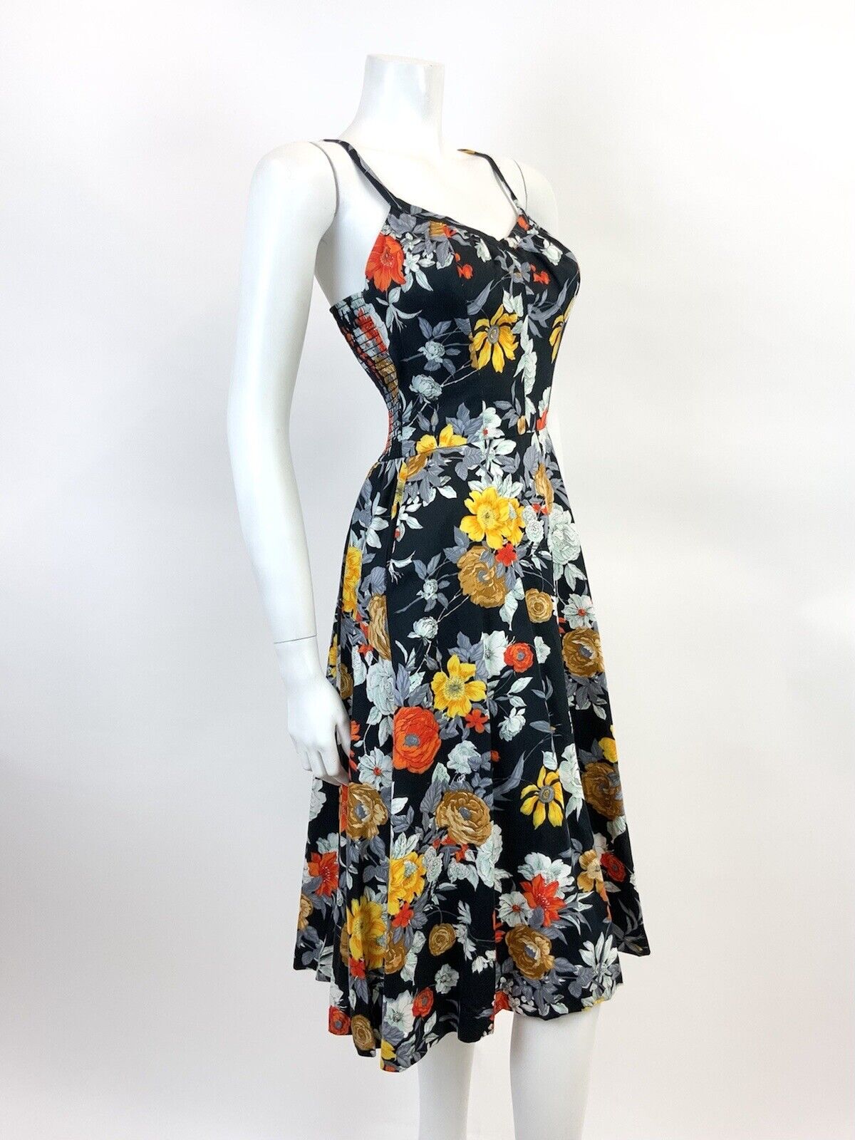 VTG 60s 70s BLACK GREY RED YELLOW FLORAL STRAPPY SUMMER SUN-DRESS 8 10