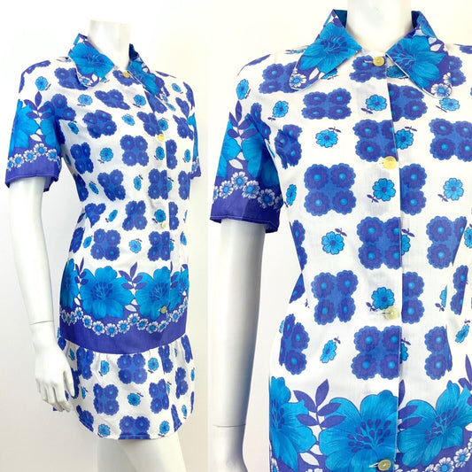 VINTAGE 60s 70s WHITE BLUE PURPLE FLORAL DOG EAR COLLAR MOD SHIRT SHIFT DRESS 16