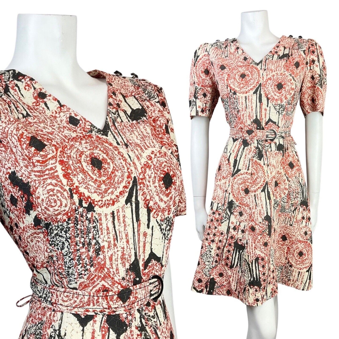 VINTAGE 60s 70s CREAM BLACK RED PSYCHEDELIC SWIRL BELTED SWING DRESS 12 14