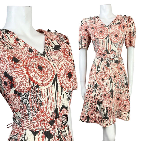 VINTAGE 60s 70s CREAM BLACK RED PSYCHEDELIC SWIRL BELTED SWING DRESS 12 14