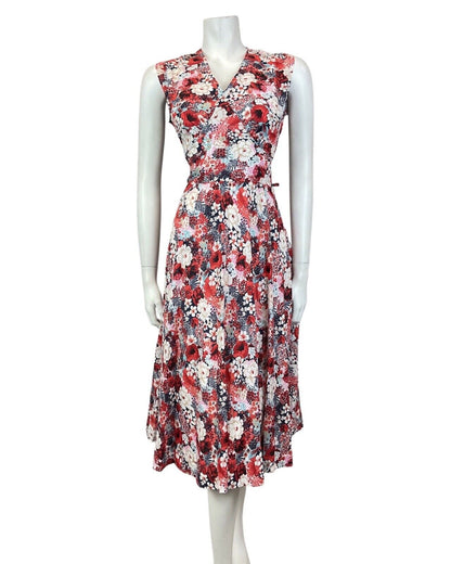 VINTAGE 60s 70s RED BLUE WHITE FLORAL DITSY SLEEVELESS SUMMER SWING DRESS 14