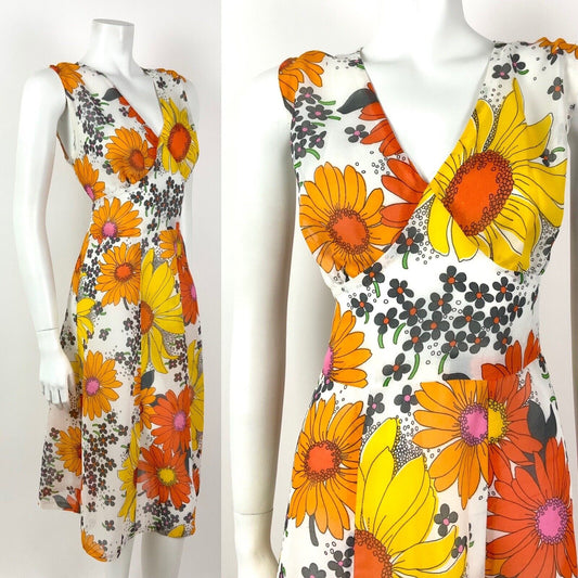 VTG 60s 70s WHITE ORANGE YELLOW FLORAL DAISY SHEER V-NECK SUMMER DRESS 12 14