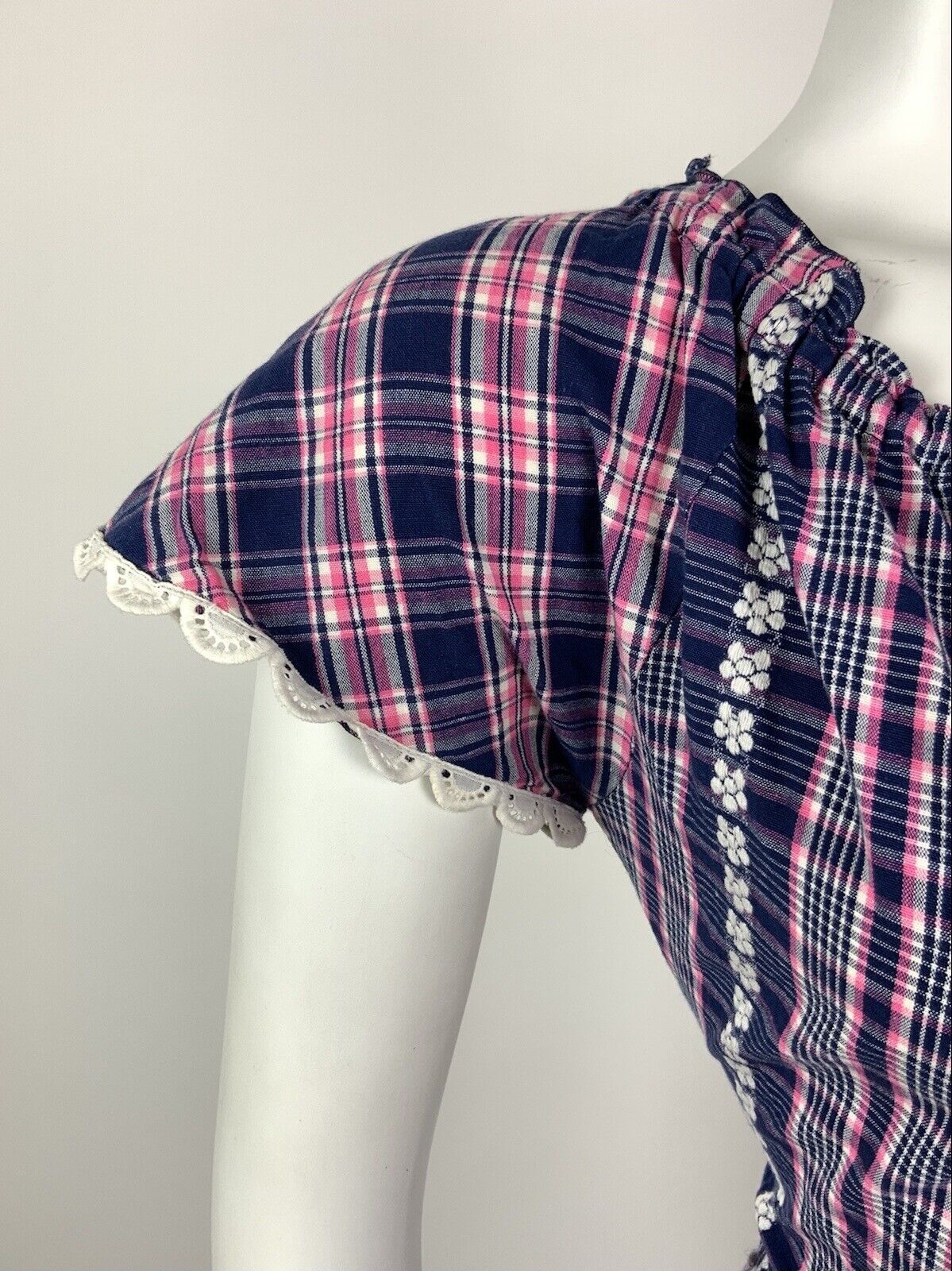 VTG 60s 70s BLUE PINK WHITE TARTAN PLAID FLORAL EMBROIDERED LACE PRAIRIE DRESS 8