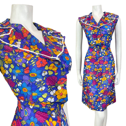 VINTAGE 60s 70s BLUE PURPLE YELLOW FLORAL MOD SLEEVELESS SHIRT DRESS 14 16