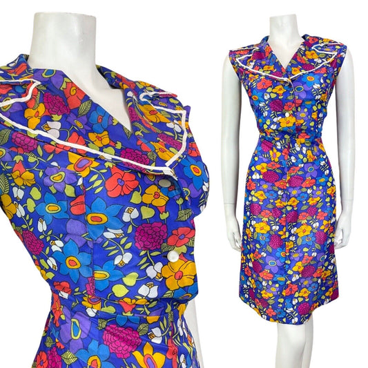 VINTAGE 60s 70s BLUE PURPLE YELLOW FLORAL MOD SLEEVELESS SHIRT DRESS 14 16