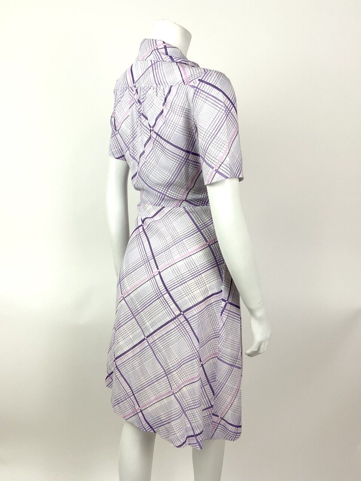 VINTAGE 60s 70s LILAC PURPLE WHITE GRID CHECKED DAGGER SHIRT DRESS 10 12