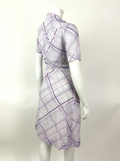 VINTAGE 60s 70s LILAC PURPLE WHITE GRID CHECKED DAGGER SHIRT DRESS 10 12