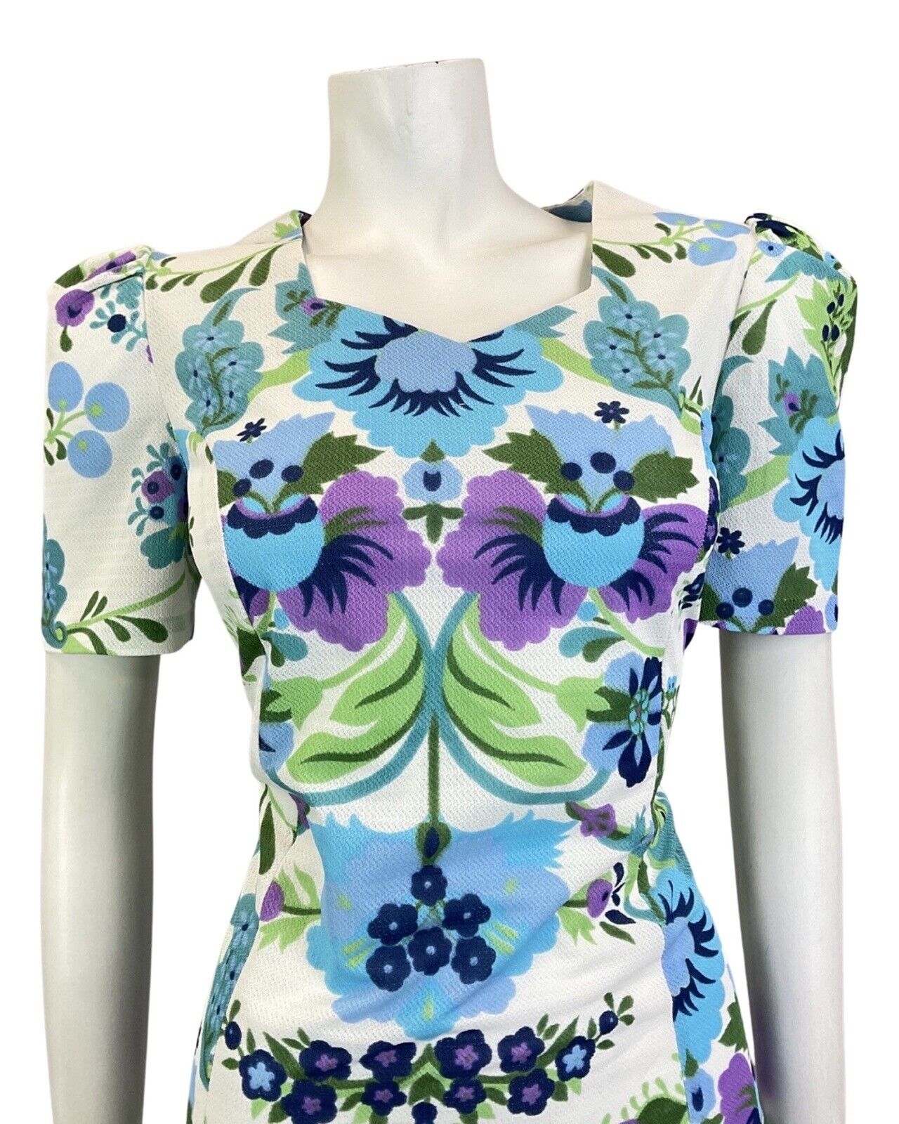 VINTAGE 60s 70s WHITE BLUE GREEN FLORAL LEAFY MOD SUMMER SHORT DRESS 14 16