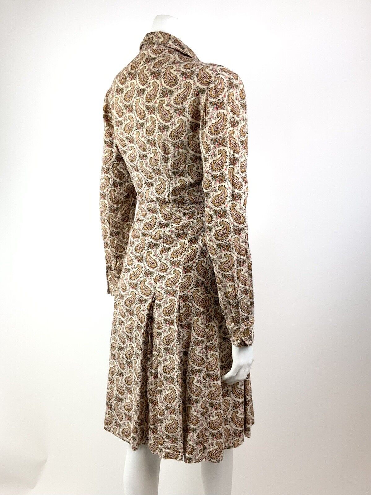 VINTAGE 60s 70s CREAM BROWN GREEN FLORAL PAISLEY BOTEH LONGLSEEVE SHIRT DRESS 10