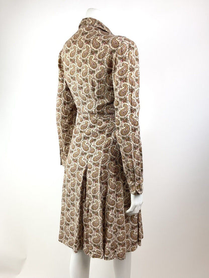 VINTAGE 60s 70s CREAM BROWN GREEN FLORAL PAISLEY BOTEH LONGLSEEVE SHIRT DRESS 10