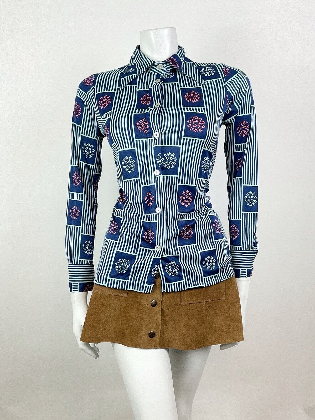 VINTAGE 60s 70s BLUE PINK STRIPED FLORAL BLOSSOM DAGGER SHIRT BLOUSE 8 10
