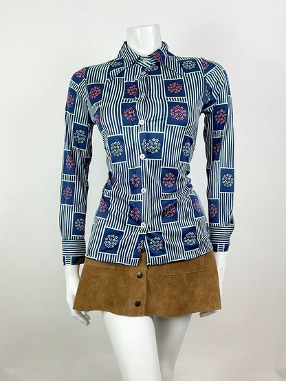 VINTAGE 60s 70s BLUE PINK STRIPED FLORAL BLOSSOM DAGGER SHIRT BLOUSE 8 10