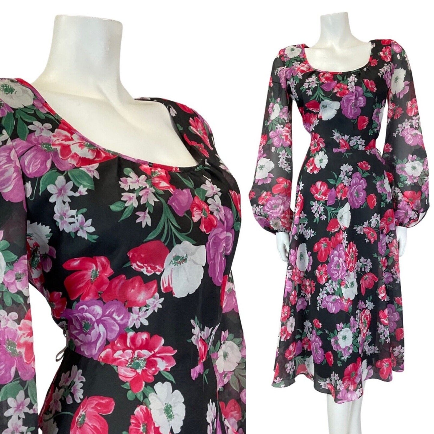 VINTAGE 60s 70s BLACK PINK PURPLE FLORAL SHEER FLOATY MIDI SWING DRESS 10