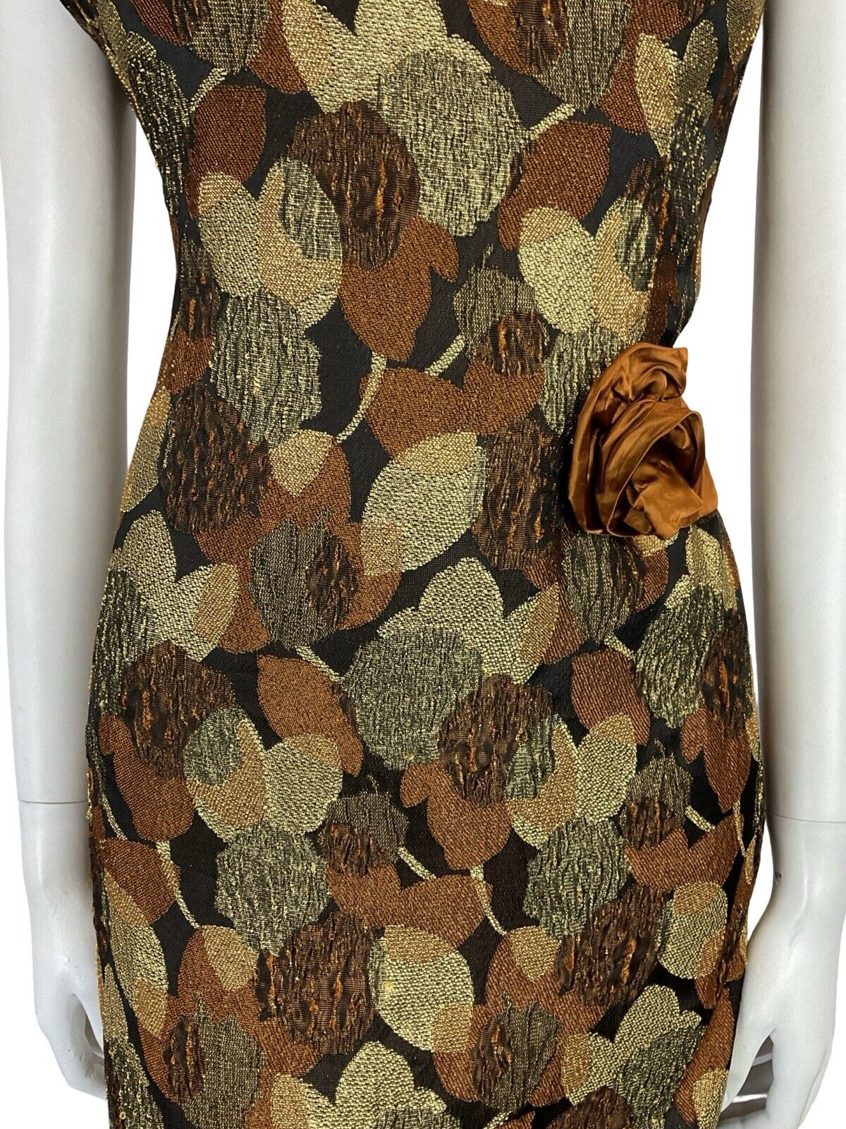 VTG 60S COPPER GOLD BLACK SATIN LEAF BROCADE PLUNGING BACK PARTY DRESS 12 14 M