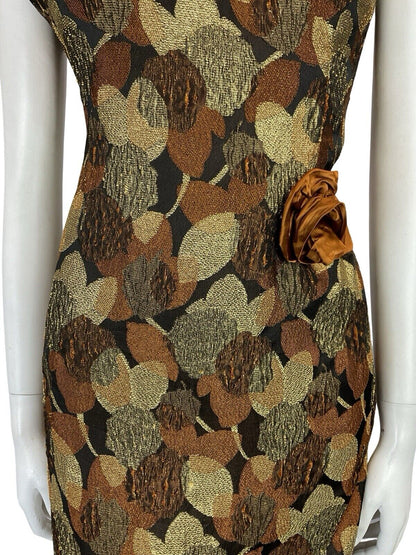 VTG 60S COPPER GOLD BLACK SATIN LEAF BROCADE PLUNGING BACK PARTY DRESS 12 14 M