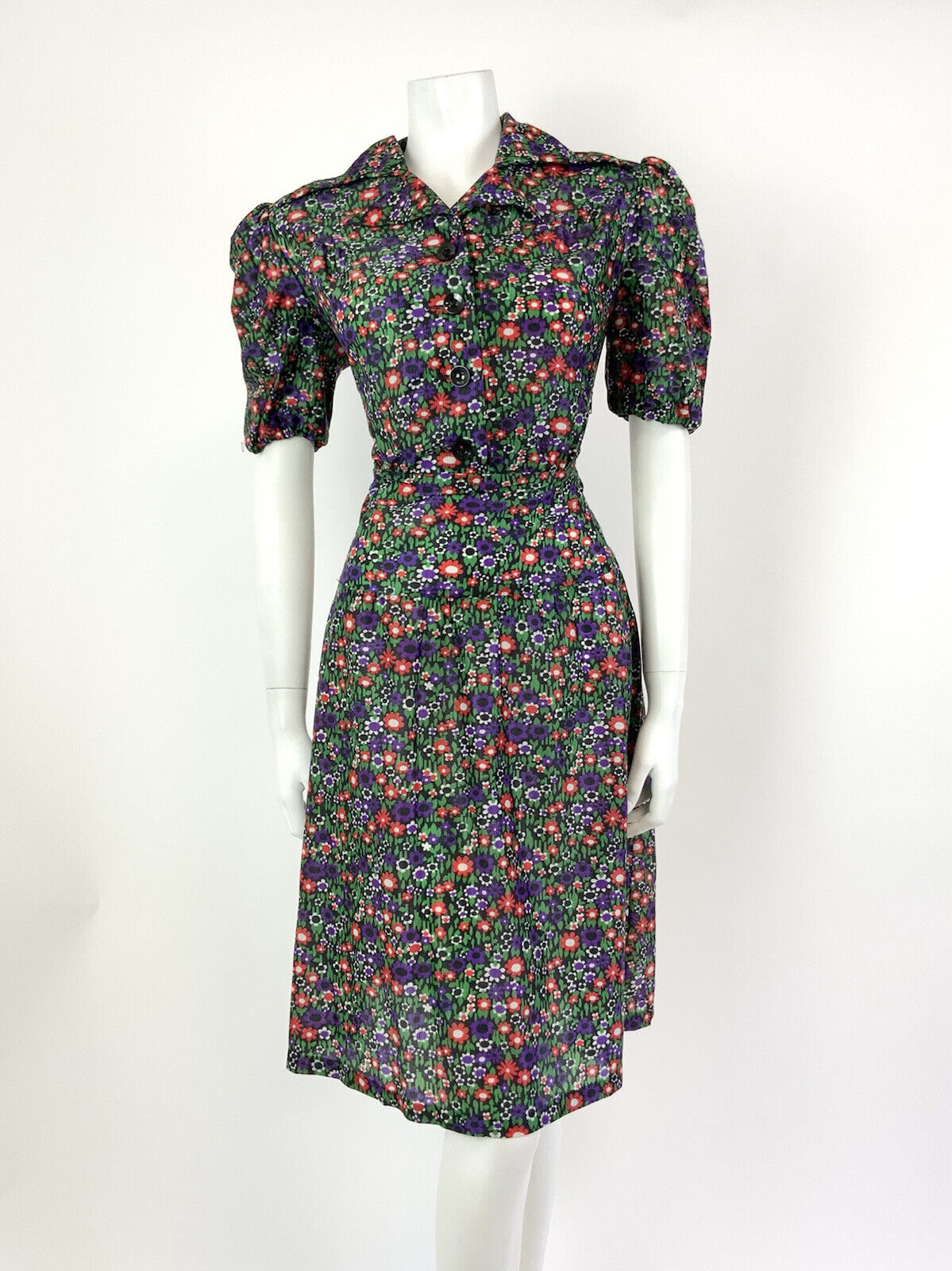 VTG 60s 70s GREEN PURPLE RED BLACK FLORAL DAISY DITSY MOD DAGGER SHIRT DRESS 12