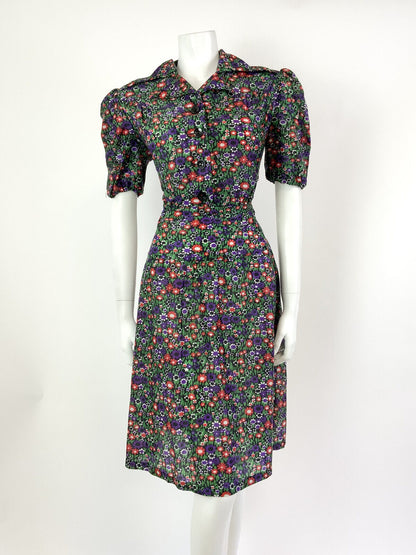 VTG 60s 70s GREEN PURPLE RED BLACK FLORAL DAISY DITSY MOD DAGGER SHIRT DRESS 12