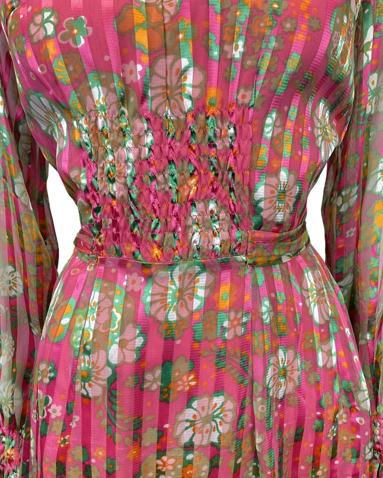 VINTAGE 60s 70s FUCHSIA PINK GREEN WHITE FLORAL STRIPED SHEER MOD DRESS 10 12
