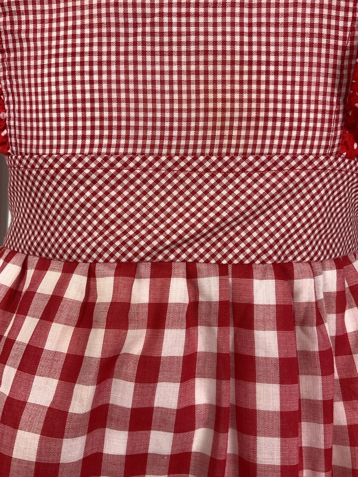 VTG 60s 70s RED WHITE GINGHAM POLKA DOT RUFFLED PRAIRIE APRON PINAFORE DRESS 8
