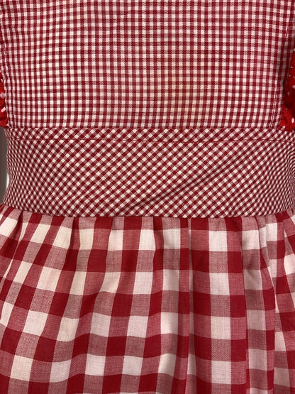 VTG 60s 70s RED WHITE GINGHAM POLKA DOT RUFFLED PRAIRIE APRON PINAFORE DRESS 8