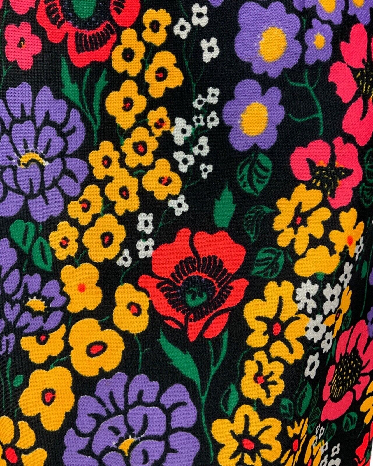 VINTAGE 60s 70s BLACK YELLOW LILAC FLORAL POPPY MOD SHORT SLEEVE DRESS 12 14