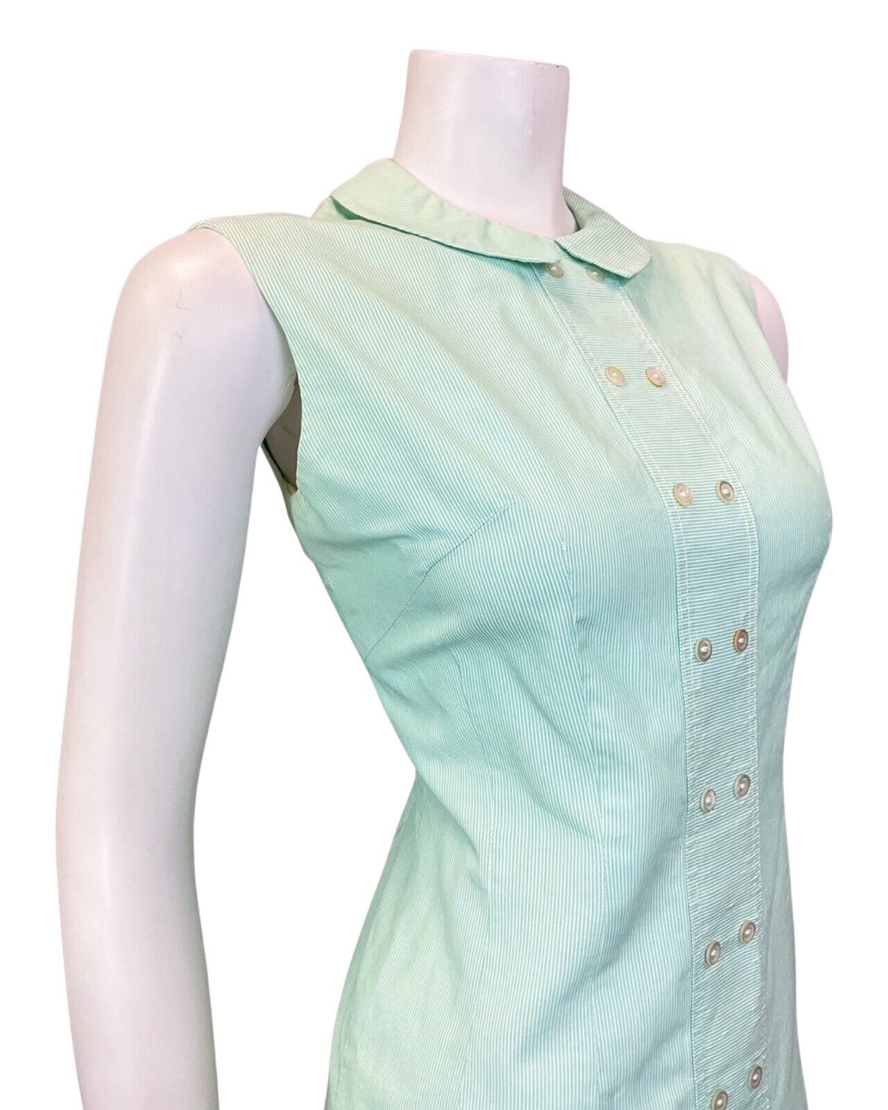 VINTAGE 60s 70s MINT GREEN WHITE PIN-STRIPE PETER PAN SLEEVELESS DRESS 12