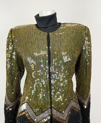 VINTAGE 70s 80s GOLD BLACK SILVER SEQUIN ZIG-ZAG DISCO PARTY TROPHY JACKET 8 10