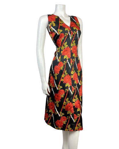 VINTAGE 60s 70s BLACK RED GOLD FLORAL SLEEVELESS SUMMER DRESS 8