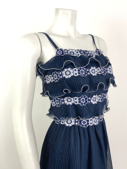 VINTAGE 60s 70s NAVY BLUE WHITE FLORAL PLEATED STRAPPY SUMMER RUFFLE DRESS 4