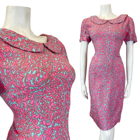 VINTAGE 60s 70s PINK BLUE PSYCHEDELIC ACANTHUS FLORAL PETER PAN COLLAR DRESS 10