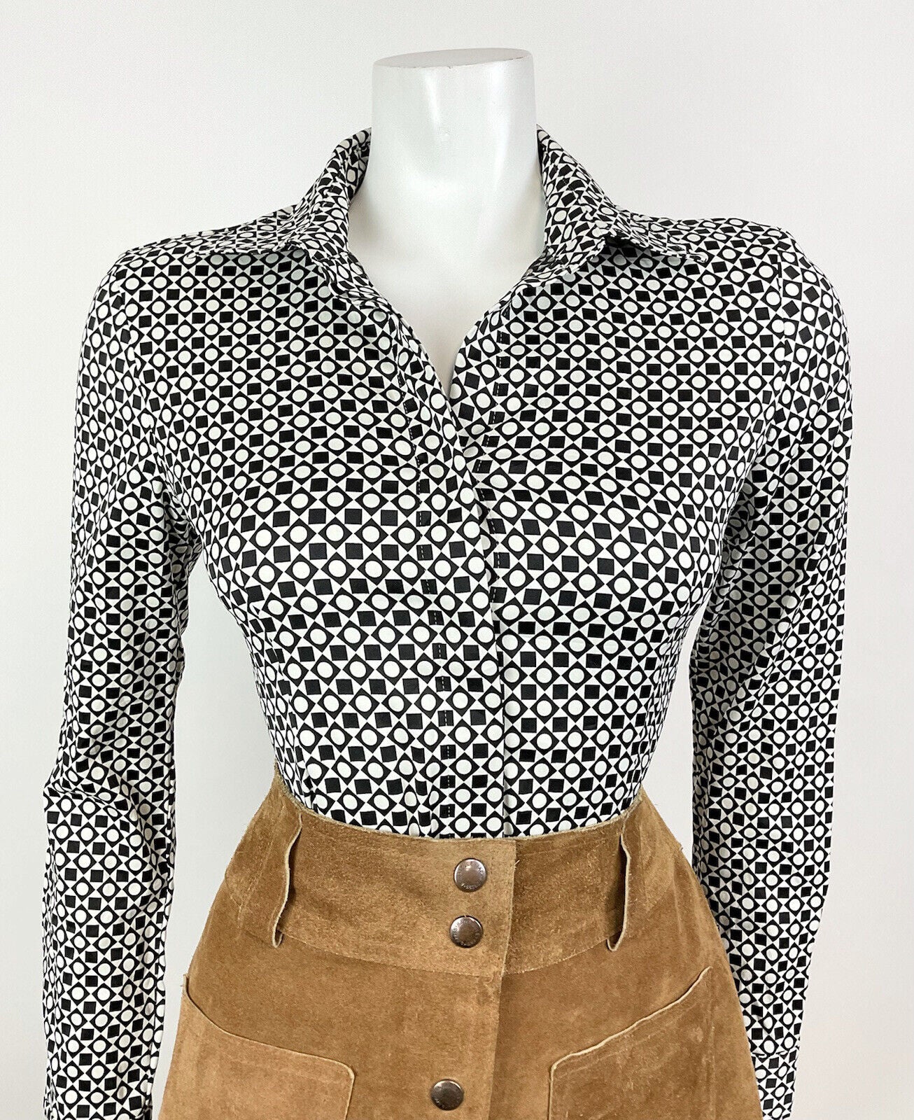 VINTAGE 60s 70s WHITE BLACK GEOMETRIC CHECKERBOARD MOD SHIRT BLOUSE 10 12