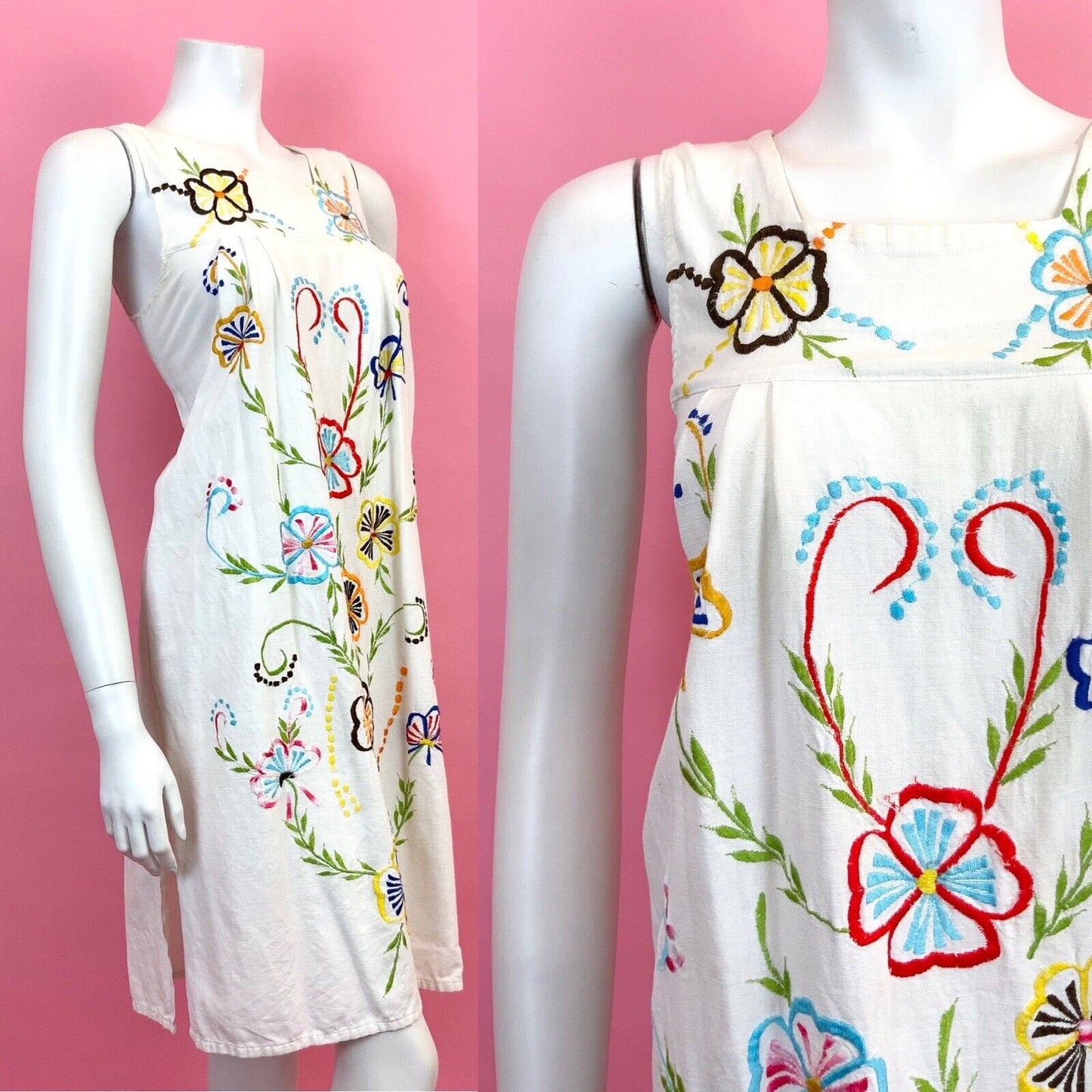 VINTAGE 60s 70s WHITE RED BLUE YELLOW FLORAL EMBROIDERED BOHO YOKE DRESS 8 10