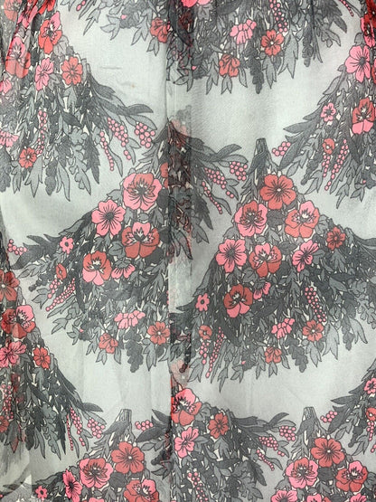 VINTAGE 60s 70s GREY RED PINK FLORAL SCALES RUFFLED SHEER MOD DRESS 12 14