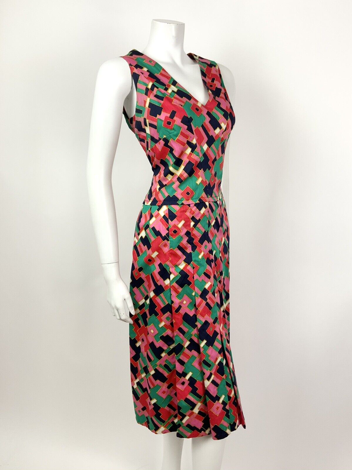 VTG 60s 70s PINK BLUE GREEN GOLD GEOMETRIC PSYCHEDELIC SLEEVELESS DRESS 12 14