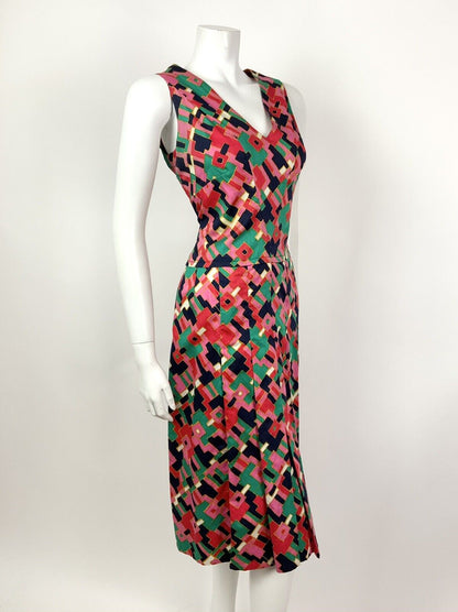 VTG 60s 70s PINK BLUE GREEN GOLD GEOMETRIC PSYCHEDELIC SLEEVELESS DRESS 12 14