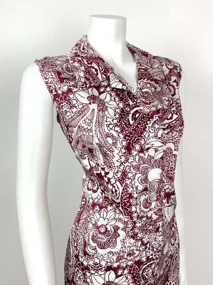 VINTAGE 60s 70s WINE RED WHITE PSYCHEDELIC FLORAL PAISLEY BATIK SHIRT DRESS 12 1