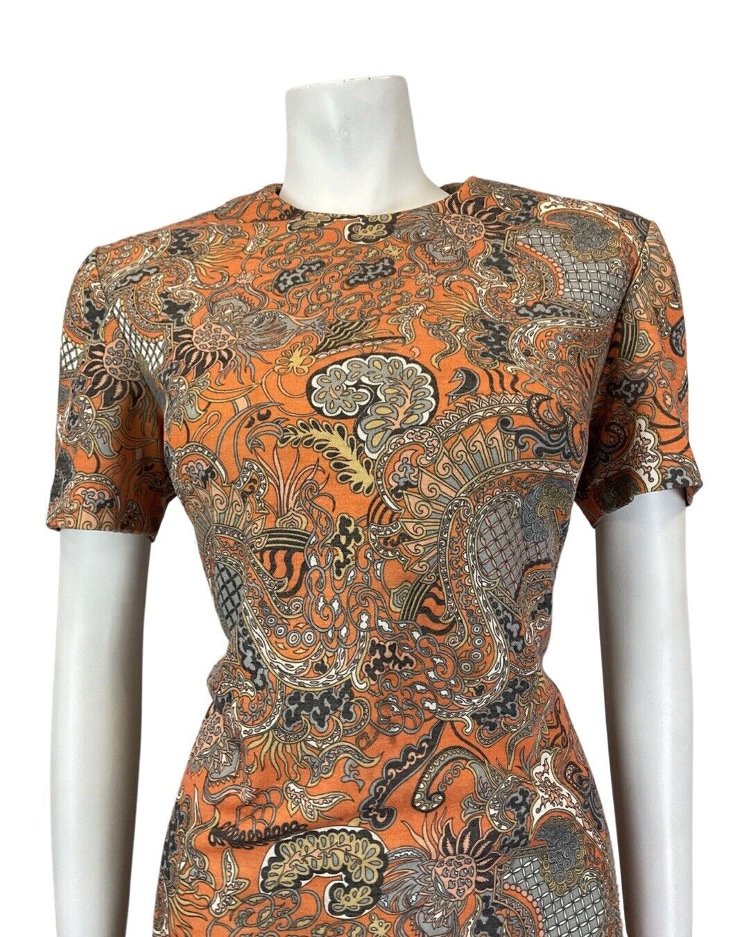 VINTAGE 60s 70s ORANGE GREY BLUE PSYCHEDELIC PAISLEY FLORAL DRESS 14 16