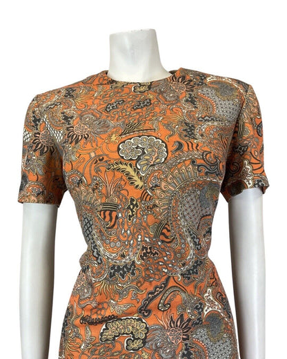 VINTAGE 60s 70s ORANGE GREY BLUE PSYCHEDELIC PAISLEY FLORAL DRESS 14 16