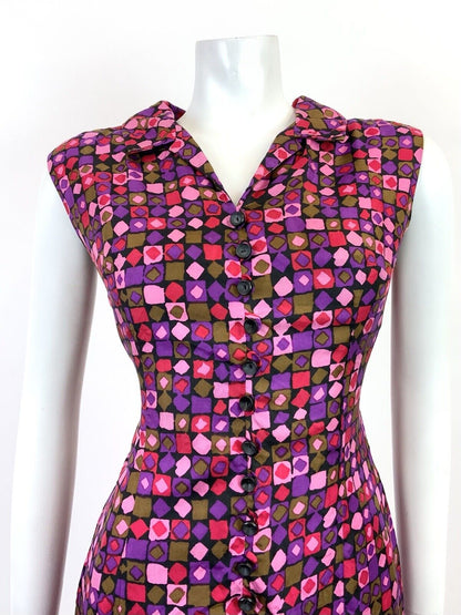 VINTAGE 60s 70s PURPLE PINK RED GOLD GEOMETRIC MOD SLEEVELESS SHIRT DRESS 10 12