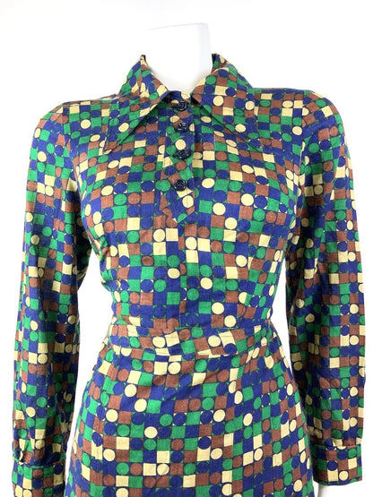 VINTAGE 60s 70s GREEN BLUE BROWN GEOMETRIC CHECKED DOTTY DAGGER SHIRT DRESS 12