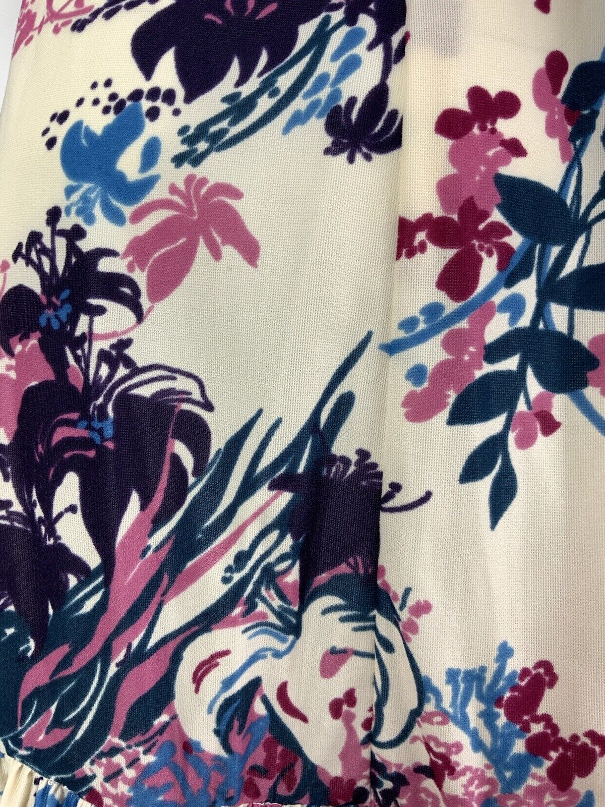 VINTAGE 60s 70s CREAM PURPLE BLUE FLORAL LEAFY RUFFLED BELTED DRESS 8 10