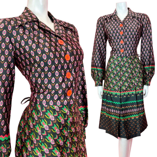 VTG 60s 70s BLACK GREEN PINK PSYCHEDELIC GEOMETRIC DAISY DAGGER SHIRT DRESS 14