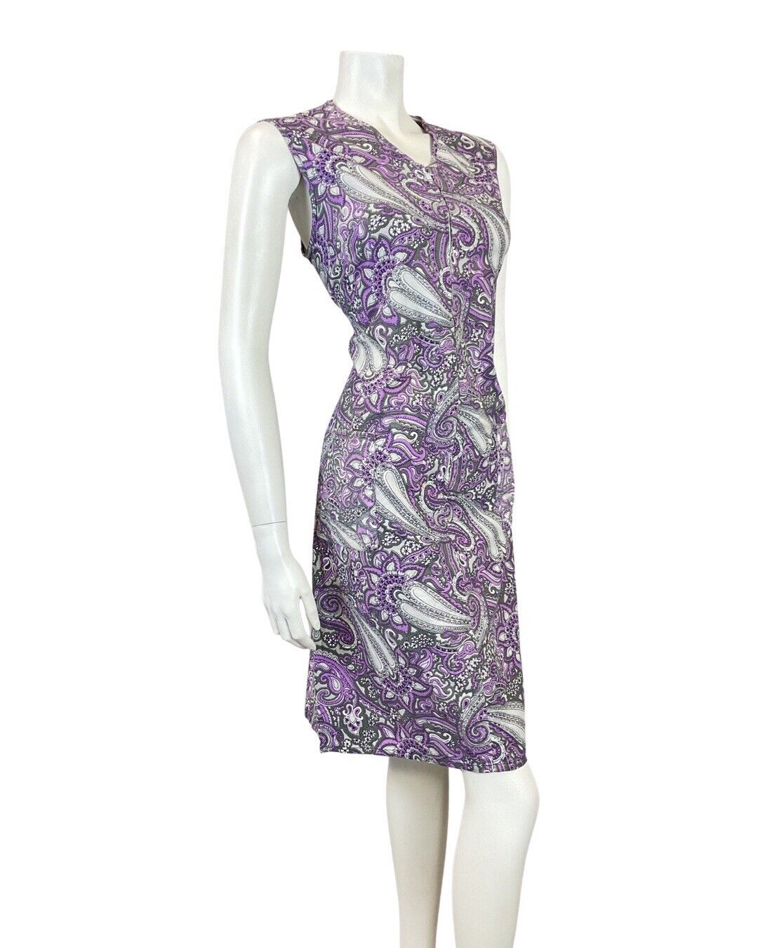 VINTAGE 60s 70s PURPLE GREY WHITE PSYCHEDELIC MANDALA FLORAL SLEEVELESS 12 14