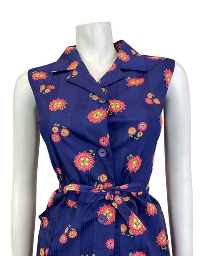 VINTAGE 60s 70s NAVY BLUE PINK ORANGE FLOWER DAISY MOD BELTED SHIRT DRESS 10 12
